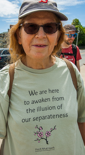 Woman with quotation on shirt