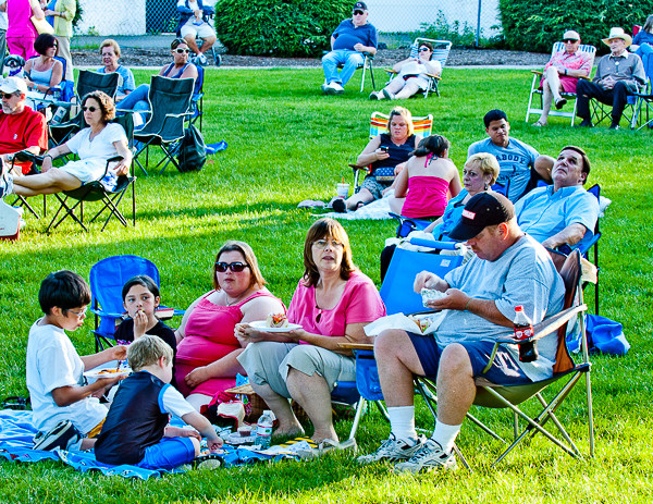 Families picnic during concert at park