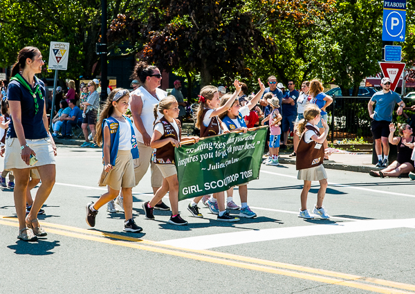 Girl scouts marching in Memorial Day parade
