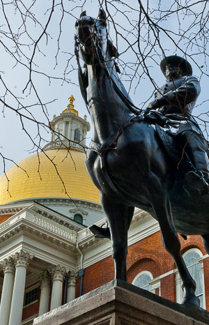 View of state house dome and Booker equestrian statue