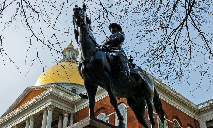 Equestrian statue of General Hooker in front of state house dome