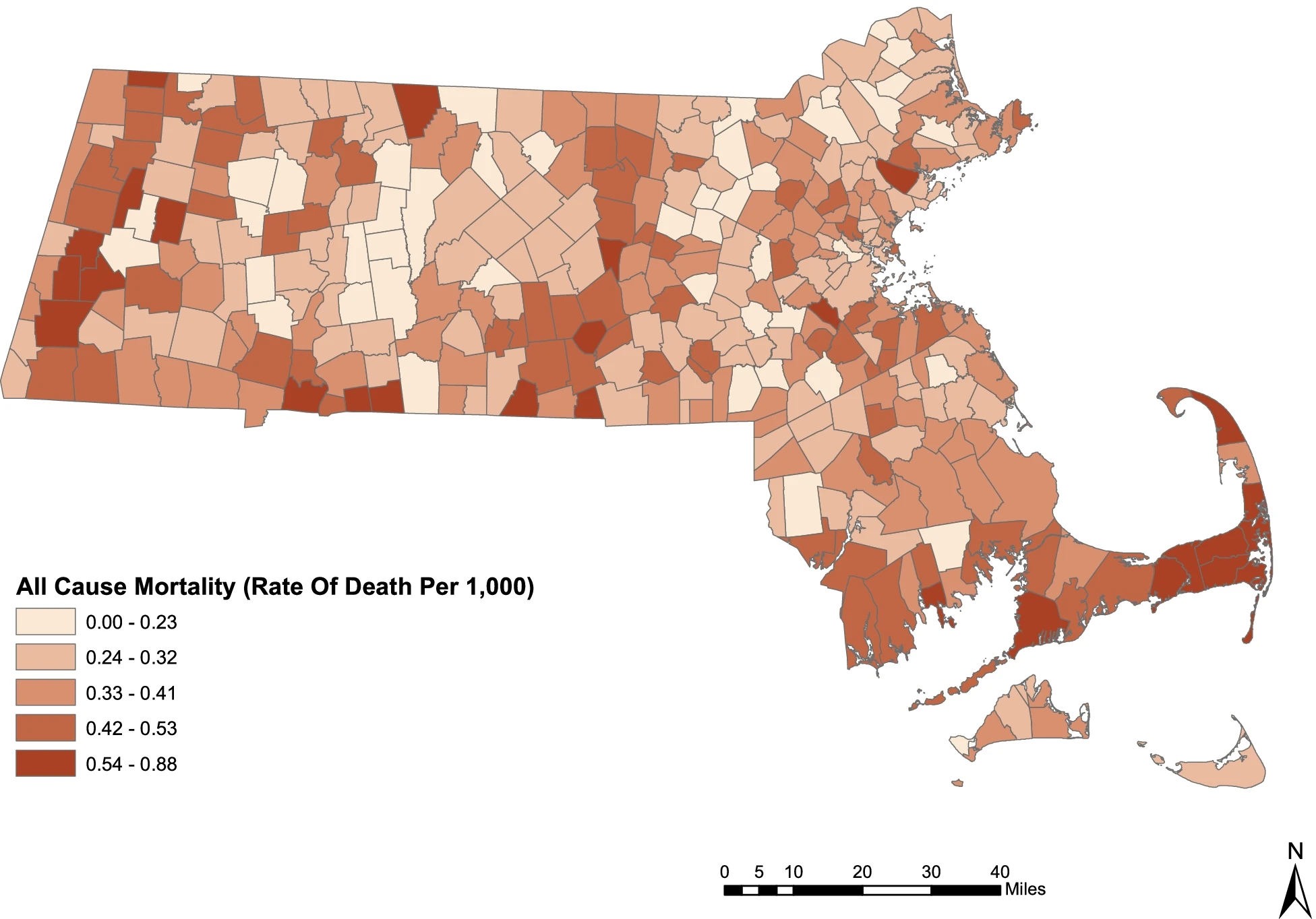Map of Massachusetts showing rates of death from disease caused by pollution