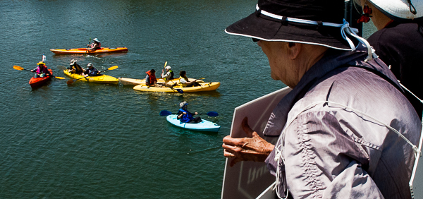 Demonstrators on the water in kayaks and those on the bridge greet each other