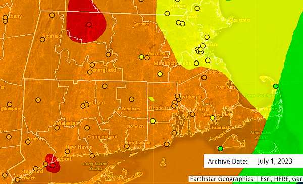 Map of Massachusetts showing pollution from wildfire smoke