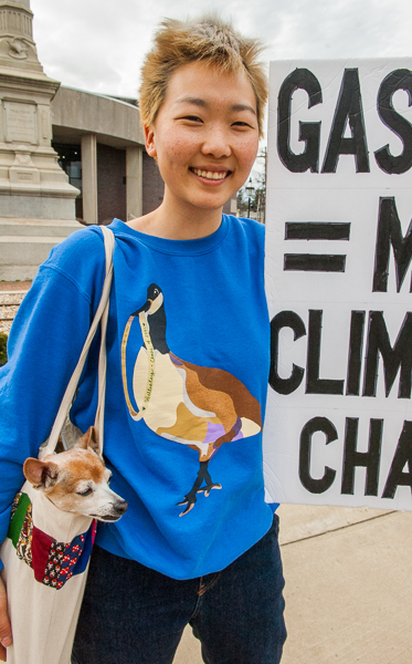 Maddie Lee (Mass Renews Alliance) & Dog at standout