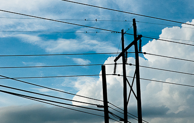 High tension transmission lines on tall towers